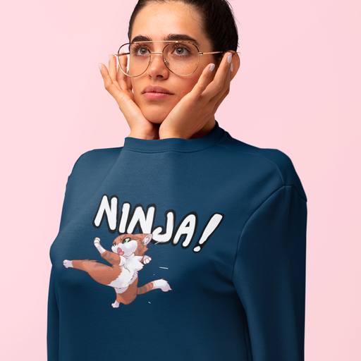 Sweatshirt col rond navy Parole de Chat avec illustration "Ninja"