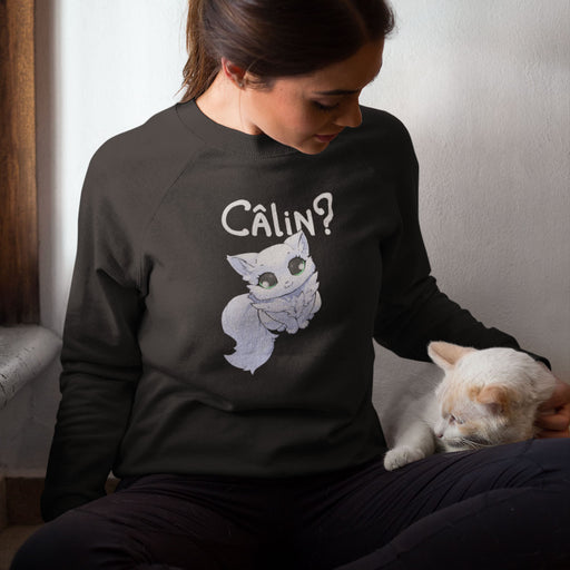 Sweatshirt col rond noir Parole de Chat avec illustration « Calin »