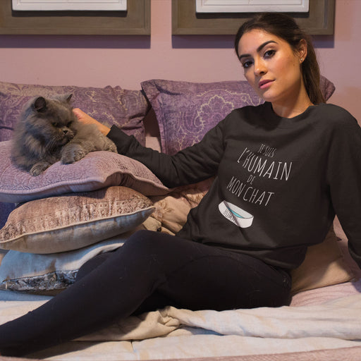 Sweatshirt col rond noir Parole de Chat avec illustration «Je suis l'humain de mon chat»