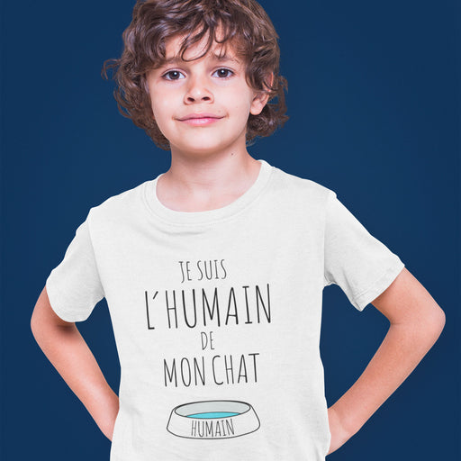 T-shirt blanc Parole de Chat avec illustration « Je suis l'humain de mon chat »