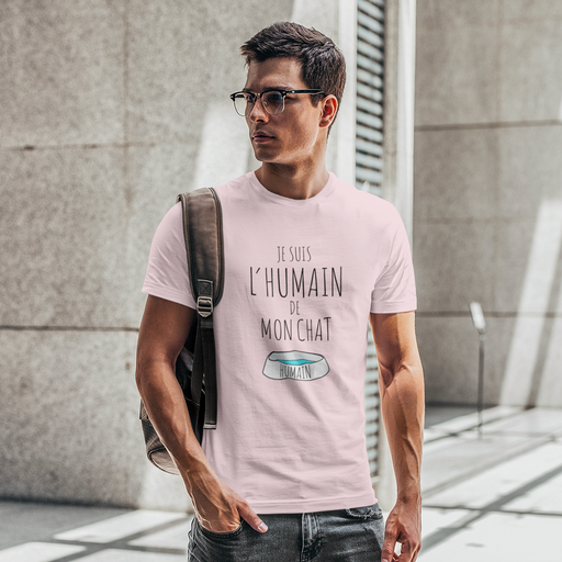 T-Shirt rose Parole de Chat avec illustration "Je suis l'humain de mon chat"